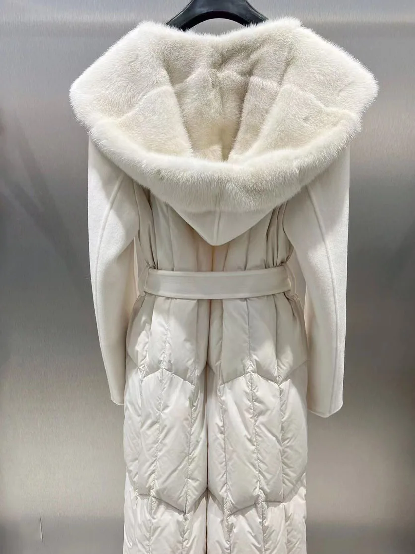 Tweed kabát, V-nyakú, hosszú kapucnis laza változata a gallér splicing design meleg, hangulatos 2023 téli új 1030