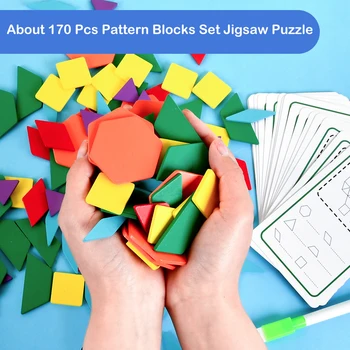 170 Db Fa Minta Blokkok Meghatározott Geometriai Alakú Puzzle Gyerekeknek,Oktatási Montessori Tangram Játékok 16 Db Kártya