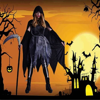 Kaszás Jelmez Női Felnőtt Női Ruházat Cosplay Party Ruhák Sötét, Fekete Ruhát Halloween Szellem Kaszás Készletek