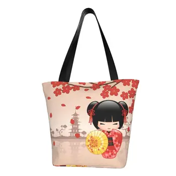 A Japán Vörös Sakura Kokeshi Baba Tote Bevásárló Táskák Hordozható Vászon Vásárló Váll Aranyos Lányos Cseresznyevirág Táska