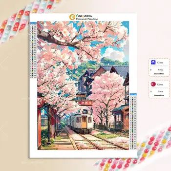 Cseresznyevirág Serenity Sakura Városkép 5D DIY Gyémánt Festmény Képregény Városkép, majd a Vonat Út A Teljes Gyémánt Art Festmény