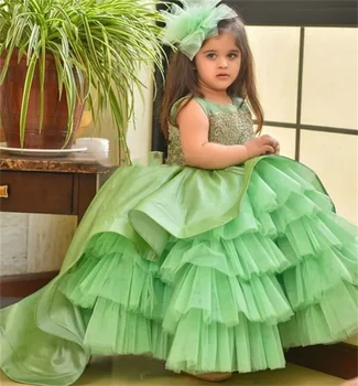 Virág Lány Ruha Zöld Bolyhos Rétegű Tüll Csipke Rátét Esküvői Elegáns Virág Gyermek Első Eucharisztikus Szülinapi Party Ruha