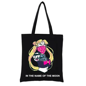 Vászon Bevásárló Táska Hold Lány Harajuku Csomagokat Cipel Vásárló Női Táskák, Divat Totebag Vicces Alkalmi Vásárlás Eco Táska