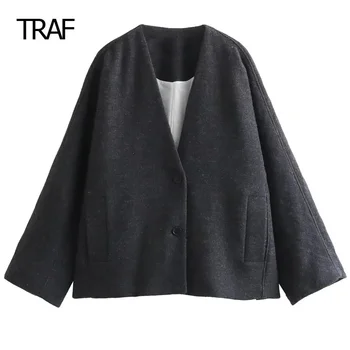 TRAF Női Bomber Kabát Őszi Téli Tweed Vágott Kabát, V-Nyakú Hosszú Ujjú Keverék Felső koreai Stílus Outwear Nő Kabátját Luxus